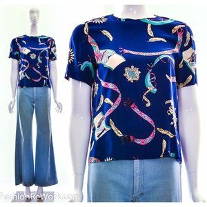 Feather Silk Blouse Vintage Silk T-Shirt Native American Feather Ribbon Novelty